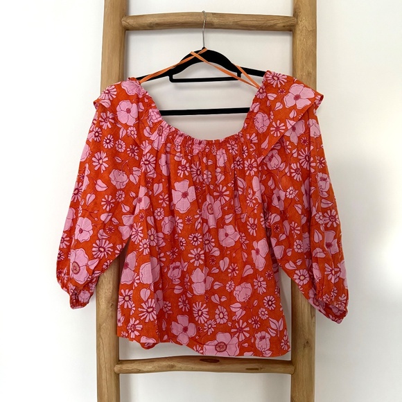 Free People Women’s Orange/Pink Floral Peasant Blouse, XS - Picture 2 of 4